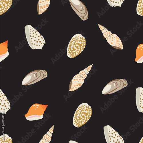 Seamless seashell pattern on black background. Summer marine design for fabric and wrapping paper.