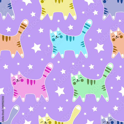 Seamless pattern with cute colorful cats and stars on a lilac background. For children's fabric design, wallpaper, backgrounds, cards, prints, scrapbooking, etc. Vector