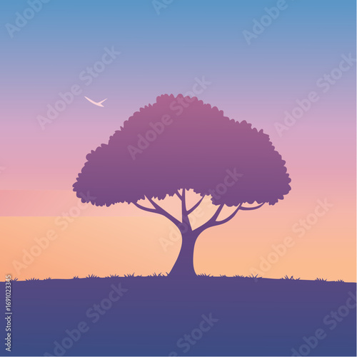 Silhouette tree against gradient sky, abstract vector illustration