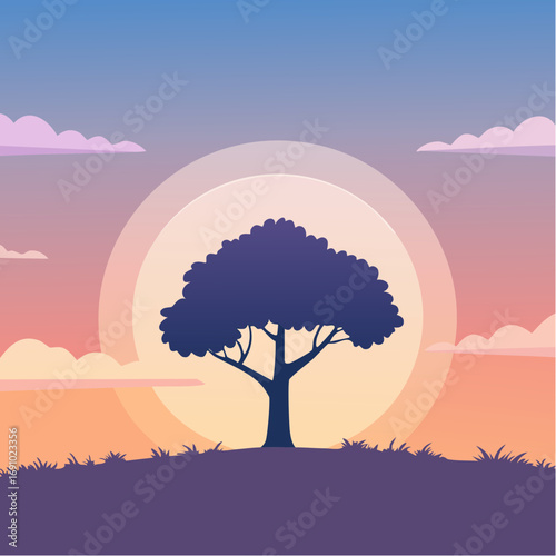 Silhouette tree against gradient sky, abstract vector illustration