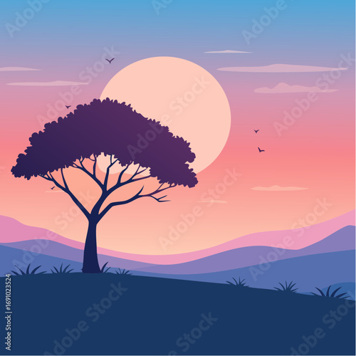 Silhouette tree against gradient sky, abstract vector illustration