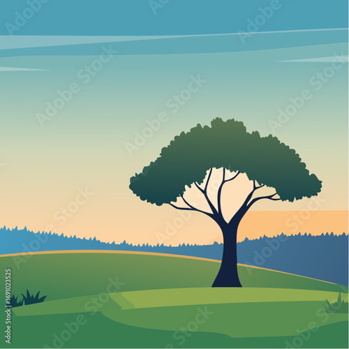 Silhouette tree against gradient sky, abstract vector illustration
