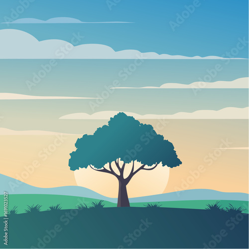 Silhouette tree against gradient sky, abstract vector illustration