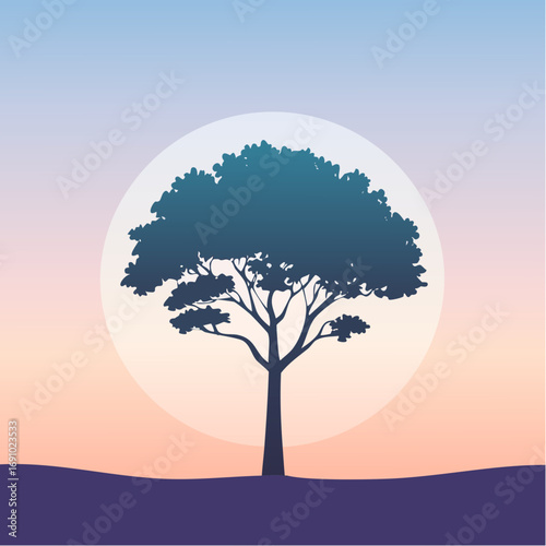 Silhouette tree against gradient sky, abstract vector illustration
