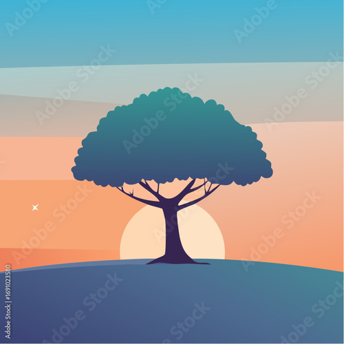 Silhouette tree against gradient sky, abstract vector illustration