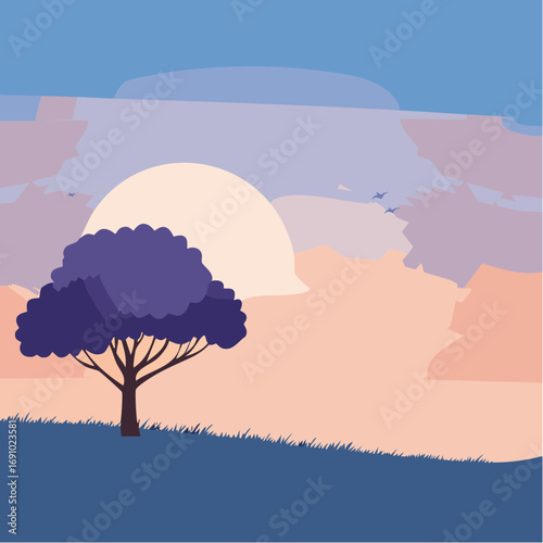 Silhouette tree against gradient sky, abstract vector illustration