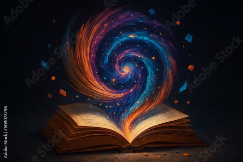 Magical open book releasing a swirling galaxy of cosmic energy and light