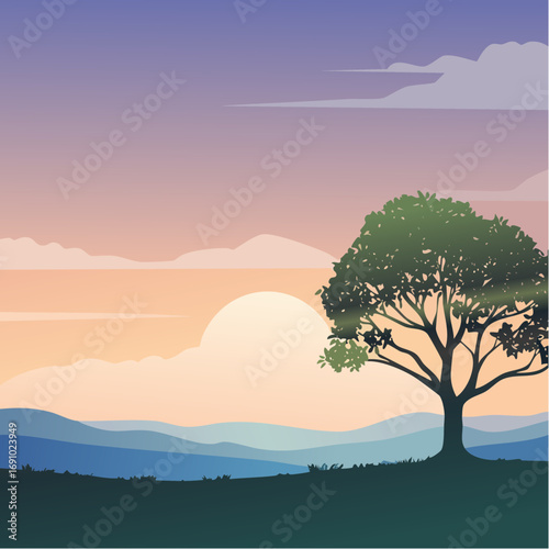 Silhouette tree against gradient sky, abstract vector illustration