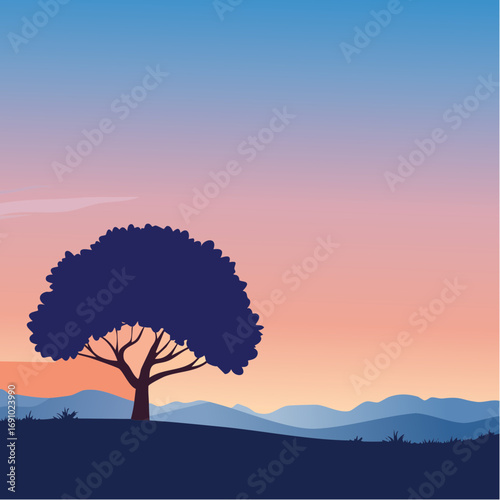 Silhouette tree against gradient sky, abstract vector illustration