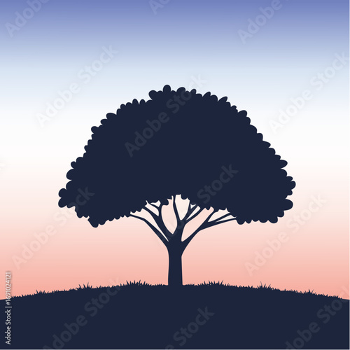 Silhouette tree against gradient sky, abstract vector illustration