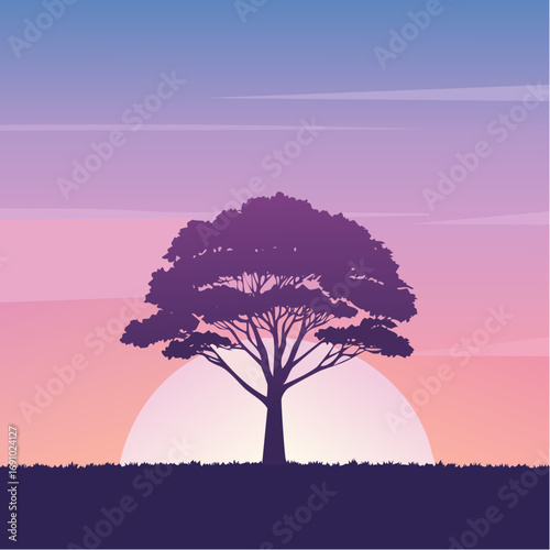 Silhouette tree against gradient sky, abstract vector illustration