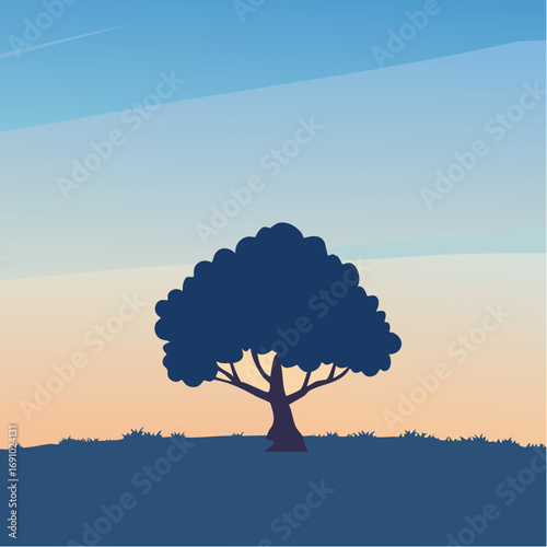 Silhouette tree against gradient sky, abstract vector illustration