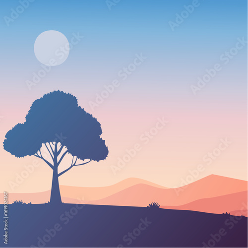Silhouette tree against gradient sky, abstract vector illustration