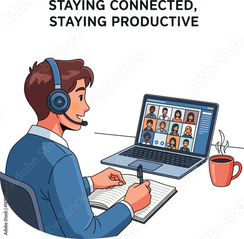 Cartoon person in video conference with headset, writing notes, red coffee mug, staying connected, staying productive, remote work setup