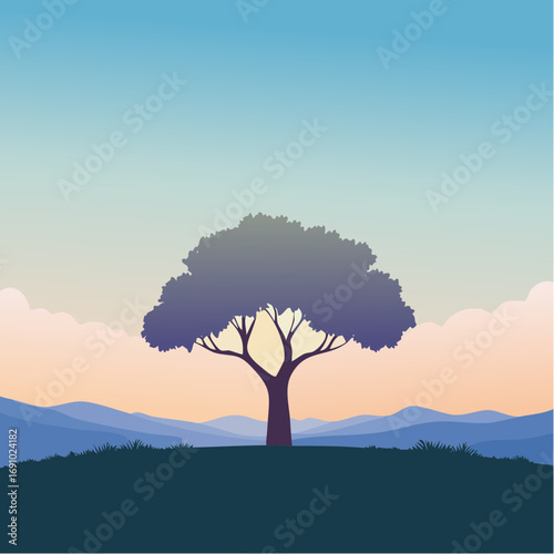 Silhouette tree against gradient sky, abstract vector illustration
