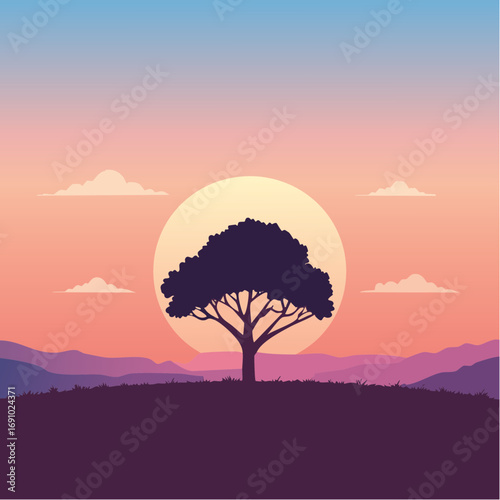 Silhouette tree against gradient sky, abstract vector illustration