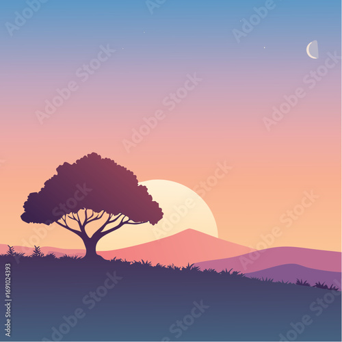 Silhouette tree against gradient sky, abstract vector illustration