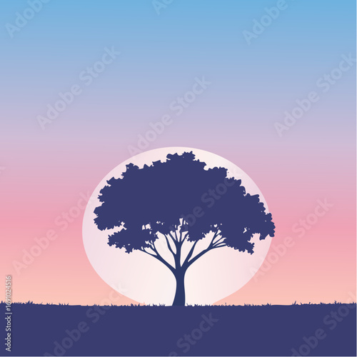 Silhouette tree against gradient sky, abstract vector illustration