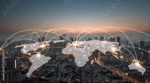 Global network cityscape at twilight