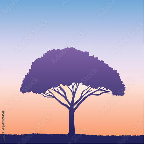 Silhouette tree against gradient sky, abstract vector illustration