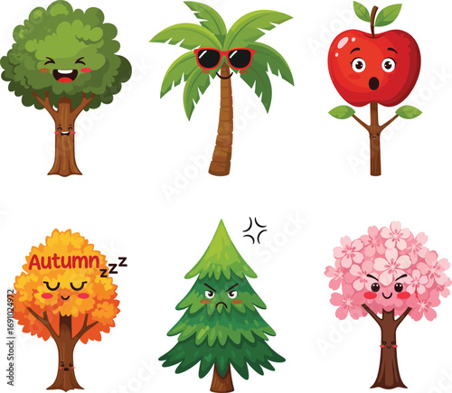 Cartoon tree character set with seasonal expressions, happy stump, apple face, cherry blossom, pine, palm, autumn icons for kids