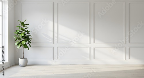 Minimalist Interior Design: White Room with Fiddle Leaf Fig Plant and Natural Light