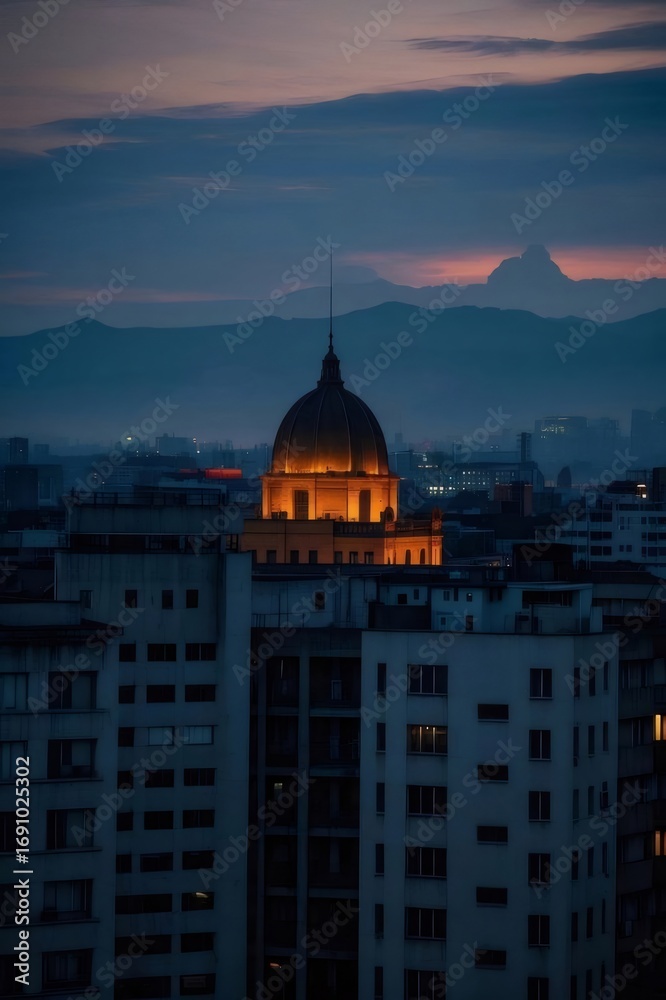 Fototapeta premium Illuminated Dome Structure at Dusk in Cityscape with Mountains Silhouette