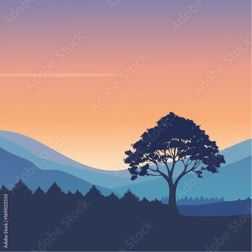 Silhouette tree against gradient sky, abstract vector illustration