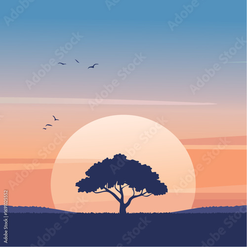 Silhouette tree against gradient sky, abstract vector illustration
