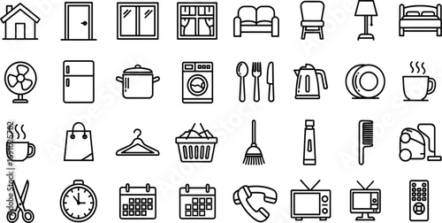 Household items icon set, black and white line style, home appliances, furniture symbols, cleaning tools, vector illustration pack