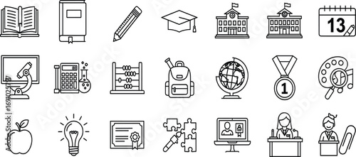 Education school icons set, black and white line style, learning symbols, classroom tools, academic elements, vector illustration pack