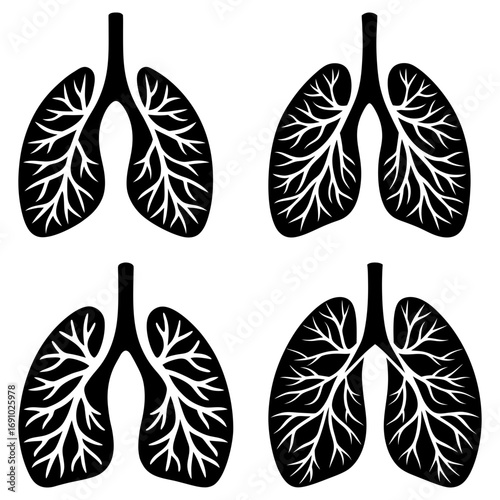 Illustration of four black lung icons with detailed branching on a white background in a simple style