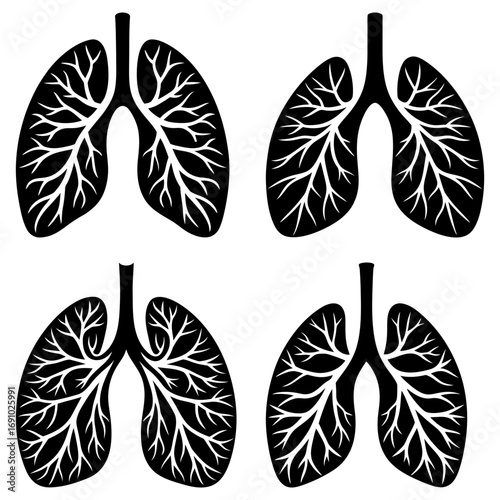 Four black lung illustrations with branching structures on a white background in a square arrangement