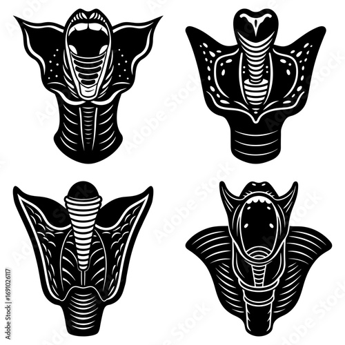Four stylized cobra heads in black and white showing different views and expressions of the snakes 100