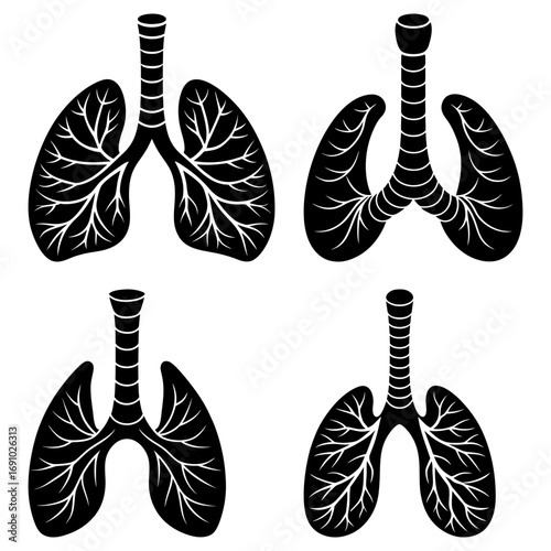 Four illustrations of human lungs with trachea and bronchial tree in black and white color scheme isolated