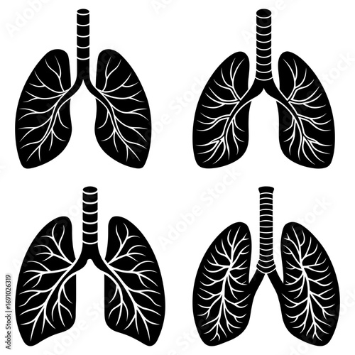 Four black lung illustrations with trachea and bronchi on a white background in a square arrangement