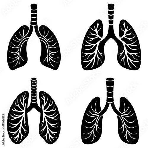 Four stylized black and white lung illustrations with trachea on a white background in a square layout