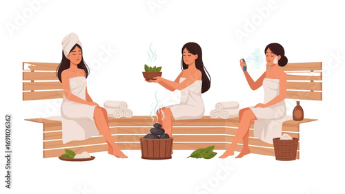 Three young women in white towels relaxing together in a wooden sauna enjoying a spa day with aromatic herbs and steam