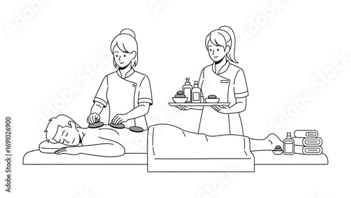 Line art illustration of two spa therapists performing a hot stone massage on a person lying on a massage table with oils and lotions