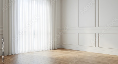 Modern Interior Corner with Elegant White Curtains and Wood Floor