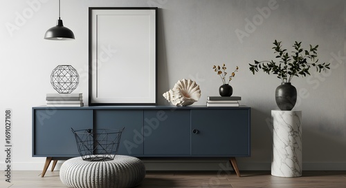 Modern Interior Design Mockup: Minimalist Console Table with Decor and Blank Frame