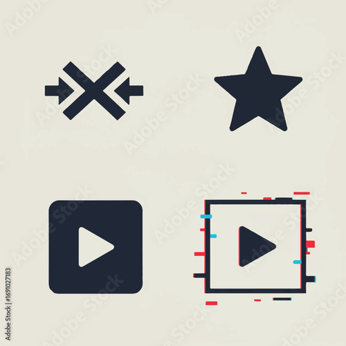 Minimal Video Transition Effects Vector Icons: Crossfade Arrows, Transition Star, Dissolve Play Square, and Glitch Rectangle for Editing Software