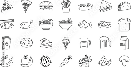 Set of 30 black and white food icons in grid layout, line art style, fast food, drinks, fruits, vegetables illustration