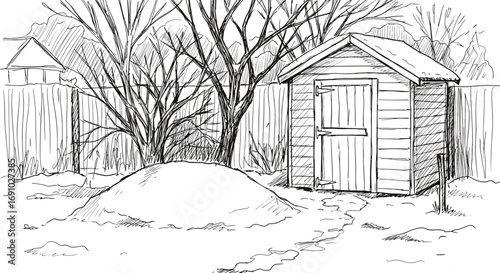 Sketch of a snowy backyard with a wooden shed and a tree in a monochrome style