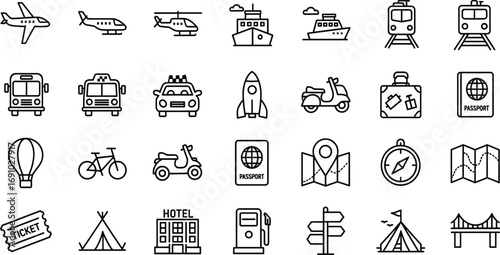 Set of 30 black and white travel icons in grid layout, line art style, transportation symbols, tourism, navigation, adventure illustration pack