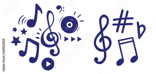 Simple hand drawn notes and musical clef in doodle style