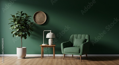 Modern Living Room Corner: Green Armchair, Plant, and Lamp