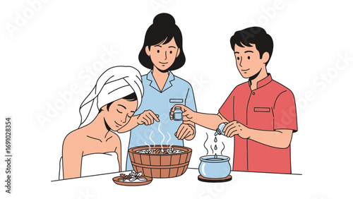 Aesthetician applying facial treatment to a woman with a towel on her head while a man assists with a steaming bowl of water