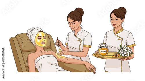 Two female spa therapists applying a golden facial mask to a relaxed woman lying on a massage bed with a towel wrapped around her head