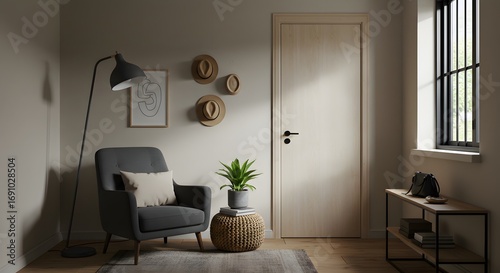 Modern Living Room Corner with Armchair, Floor Lamp, and Natural Light